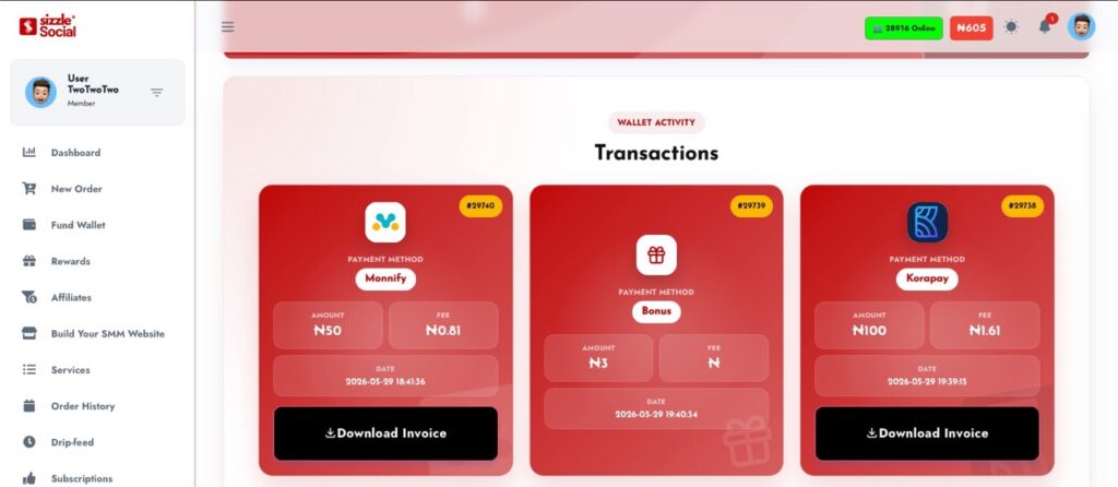 Sizzle Social dashboard invoice download feature for completed transactions