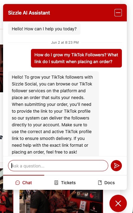 AI-powered chatbot available on Sizzle Social platform