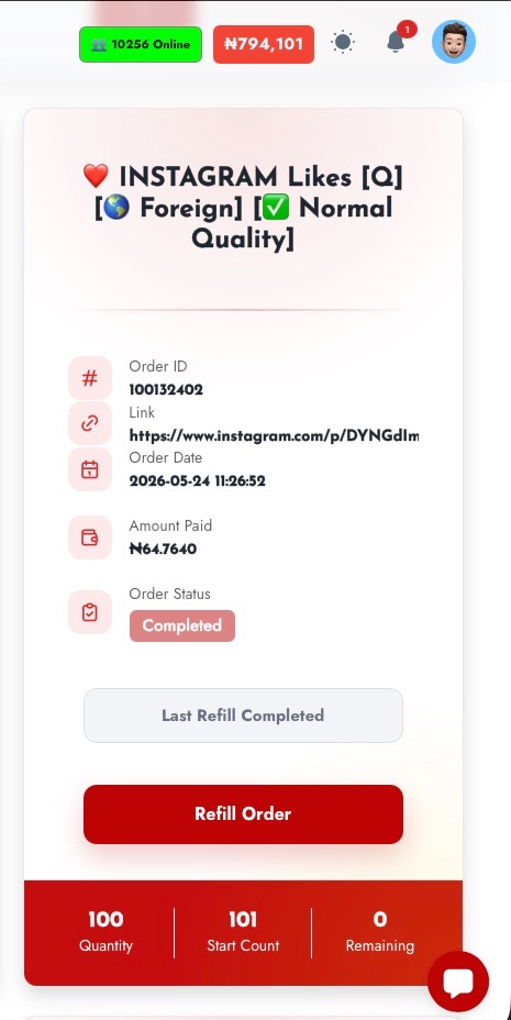 Refill feature for eligible social media growth services on Sizzle Social