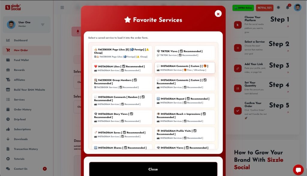 Save frequently used services using the service favoriting feature