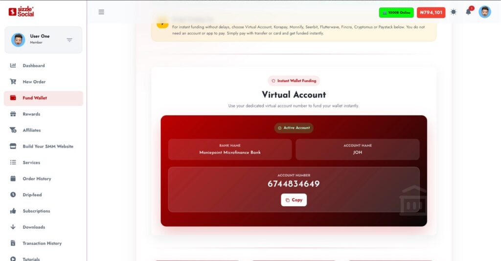 Dedicated virtual account for instant wallet funding on Sizzle Social